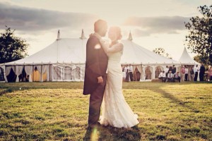 Bride and Groom outside Traditional Marquee