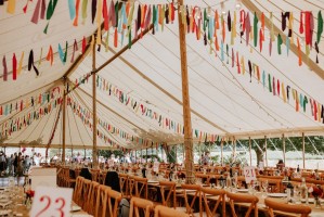Internal Traditional Marquee with customers own bunting and white festoon